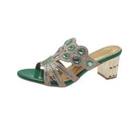 Women's 2026 Summer Crystal Chunky High Heel Slide Sandals Open Toe Dressy Casual Comfortable Beach Slippers Fairy Style (Green, 3.5)