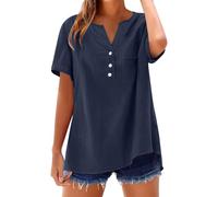 Women's 2026 Summer Linen Top - Trendy Short Sleeve T-Shirt, Workout-Friendly Button Down Design, Plus Size Option, Cotton Linen Fabric(1A-Navy, L)