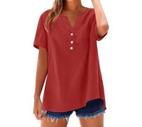 Women's 2026 Summer Linen Top - Trendy Short Sleeve T-Shirt, Workout-Friendly Button Down Design, Plus Size Option, Cotton Linen Fabric(1A-Red, XXXXXL)