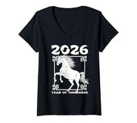 Womens 2026 Year of The Horse Celebration Chinese New Year Zodiac V-Neck T-Shirt