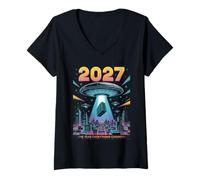 Womens 2027 Year Everything Changes First Contact Alien V-Neck T-Shirt
