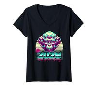 Womens 2028 Year of The Monkey 80s Retro Vaporwave Chinese Zodiac V-Neck T-Shirt