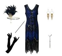 Women's 20s Dress Set, Great Gatsby Costume, Sequins, Beads, Fringe, Flapper Dress with Accessories, V-Neck, Sleeveless, Charleston Party Dress for Carnival, Fancy Dress, Evening Wear