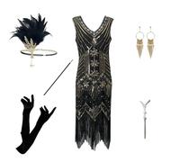 Women's 20s Dress Set, Great Gatsby Costume, Sequins, Beads, Fringe, Flapper Dress with Accessories, V-Neck, Sleeveless, Charleston Party Dress for Carnival, Fancy Dress, Evening Wear