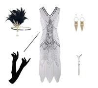 Women's 20s Dress Set, Great Gatsby Costume, Sequins, Beads, Fringe, Flapper Dress with Accessories, V-Neck, Sleeveless, Charleston Party Dress for Carnival, Fancy Dress, Evening Wear