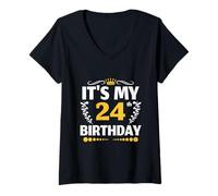 Womens 24 Years Man Woman It's My 24th Birthday V-Neck T-Shirt