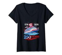 Women's 250th Freedom 1776-2026 4th July Three Cute Cruise Ship V-Neck T-Shirt