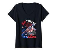 Women's 250th Freedom Independent 4th July US Flag Sparrow Patriotic V-Neck T-Shirt