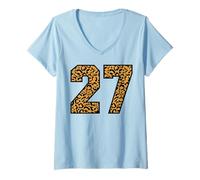 Womens 27 Number Leopard Twenty-Seven Team Sports Varsity Matching V-Neck T-Shirt