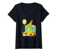 Women's 2nd Birthday Dinosaur School Bus 2 Year Old Boy T-Rex Driver V-Neck T-Shirt