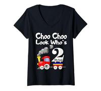 Womens 2nd Birthday Dylan Choo Choo Train 2 Year Old V-Neck T-Shirt