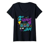 Women's 2nd Grade is My Jam Vintage 80s 1980s Teacher Student Retro V-Neck T-Shirt