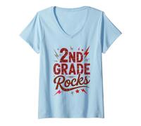 Women's 2ND Grade Rocks First Day Band Teacher Besties Autograph V-Neck T-Shirt