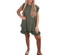 Women's 2PCS Cheesecloth Lounge Set - Frill Sleeve Peplum Top & Shorts Co-Ord, Lightweight Breathable Tracksuit, Relaxed Fit (UK, Alpha, One Size, Regular, Regular, 16-22, Khaki)