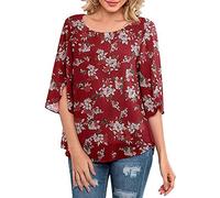 Women's 3/4 Bell Sleeve Chiffon Blouses Floral Printed T Shirts Round Neck Tunics Loose Casual Tops Shirt Work Office Blouse UK Clearance