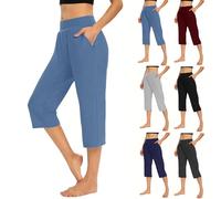 Women's 3/4 Cropped Pants UK Sale, Capri Trousers Ladies Elasticated Waist Bottoms, Three Quarter Soft Leggings High Waist Capris Joggers Straight Legs Yoga Trouser Baggy Beach Pant Tights