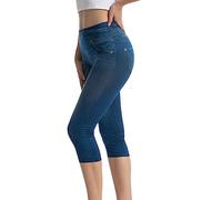 Womens 3/4 Cropped Pants UK Sale Clearance, Ladies Imitation Denim Capri Trousers Three Quarter Pedal Pusher Fashion Leggings Cutoff Work Summer Pants Short Tummy Control Legging Slim Fit Trouser