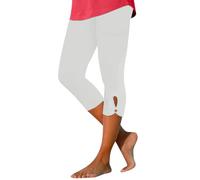 Women's 3/4 Leggings with Inner Pocket, High Waist Sports Trousers, Running Trousers for Sports, Yoga, Gym, Lounge Trousers, S-5XL, White-e, 3XL