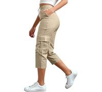 Women's 3/4 Length Cropped Cargo Trousers Loose Fit Elasticated Waist Drawstring Bermuda Capri Long Short Pants Outdoor Lightweight Ripstop Hiking Work Trousers with Pockets