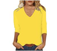 Womens 3/4 Length Sleeve Tops Casual Summer Plain V Neck Shirts Loose Fit Three Quarter Length Sleeve Blouse Comfy Solid Long Tshirts Fashion Basic Tees Everyday Wear
