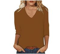 Womens 3/4 Length Sleeve Tops Casual Summer Plain V Neck Shirts Loose Fit Three Quarter Length Sleeve Blouse Comfy Solid Long Tshirts Fashion Basic Tees Everyday Wear