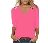 Womens 3/4 Length Sleeve Tops Casual Summer Plain V Neck Shirts Loose Fit Three Quarter Length Sleeve Blouse Comfy Solid Long Tshirts Fashion Basic Tees Everyday Wear
