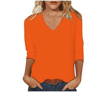 Womens 3/4 Length Sleeve Tops Casual Summer Plain V Neck Shirts Loose Fit Three Quarter Length Sleeve Blouse Comfy Solid Long Tshirts Fashion Basic Tees Everyday Wear