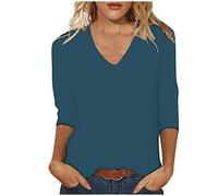Womens 3/4 Length Sleeve Tops Casual Summer Plain V Neck Shirts Loose Fit Three Quarter Length Sleeve Blouse Comfy Solid Long Tshirts Fashion Basic Tees Everyday Wear