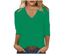 Womens 3/4 Length Sleeve Tops Casual Summer Plain V Neck Shirts Loose Fit Three Quarter Length Sleeve Blouse Comfy Solid Long Tshirts Fashion Basic Tees Everyday Wear