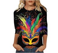 Women's 3/4 Sleeve Carnival Party Top Elaborate Mask Feather Design Pullover Novelty Casual Blouse for Mardi Gras Festivals Parties Holiday Celebration Shirt Unique Graphic Print Tops