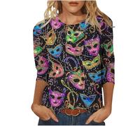 Women's 3/4 Sleeve Carnival Party Top Elaborate Mask Feather Design Pullover Novelty Casual Blouse for Mardi Gras Festivals Parties Holiday Celebration Shirt Unique Graphic Print Tops