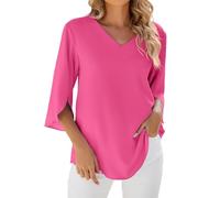 Women's 3/4 Sleeve Chiffon Blouses Ladies Tops Elegant Casual Loose Three Quarter Length Ruffled Split Sleeve V Neck Summer Dressy Blouse Work Office T Shirts Tunic Top for Leggings Hot Pink