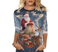 Women's 3/4 Sleeve Christmas Jumper Long Sleeve Xmas Holiday Sweatshirt Santa Claus Printed Pullover Merry Christmas Shirt Ladies Novelty Funny Tee Going Out Festive Blouse Plus Size