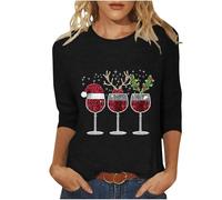 Women's 3/4 Sleeve Christmas Sweatshirts Women Print Graphic Blouse Ugly Tee Shirt Pullover Holiday Jumpers Funny Xmas Tops Fashion Crewneck Ladies Xmas Top Tunic T-Shirts Loose Fit Christmas Jumpers