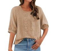 Women's 3/4 Sleeve Cotton Linen Jacquard Blouses Top T-Shirt 2025 Loose Fit Crew Neck Floral Embroidery Ruched Shirts Cute Solid Summer Beach Tee Tunic Outfits