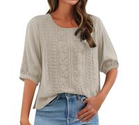 Women's 3/4 Sleeve Cotton Linen Jacquard Blouses Top T-Shirt 2025 Loose Fit Crew Neck Floral Embroidery Ruched Shirts Cute Solid Summer Beach Tee Tunic Outfits