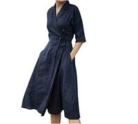 Womens 3/4 Sleeve Cotton Linen Wrap Dresses UK Lapel V Neck Notched Lapel Collar Solid Tie Waist Midi Dress with Pockets