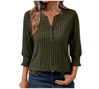 Women's 3/4 Sleeve Jumpers Casual Stylish Knitted Sweater Pullover Solid Sweatshirt Baggy Jumpers for Women UK Basic Button V Neck Ladies Knit Tops Winter Cosy Knitwear Green