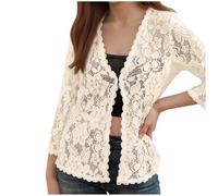 Women's 3/4 Sleeve Lace Open Front Cardigan, Bolero Shrugs Crochet Lightweight Casual Loose Fashion Tops Outifits for Cocktail Evening Wedding Daily Wear Beige