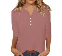 Women's 3/4 Sleeve Linen Blouse - Button Down V Neck, Spring Summer Boho Style, Travel Vacation Top, Breathable for Warm Days(Watermelon Red, XL)