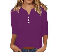 Women's 3/4 Sleeve Linen Blouse - Button Down V Neck, Spring Summer Boho Style, Travel Vacation Top, Breathable for Warm Days(Purple, L)