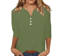 Women's 3/4 Sleeve Linen Blouse - Button Down V Neck, Spring Summer Boho Style, Travel Vacation Top, Breathable for Warm Days(JN, L)