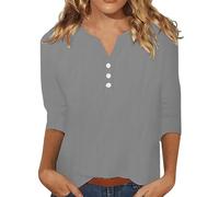 Women's 3/4 Sleeve Linen Blouse - Button Down V Neck, Spring Summer Boho Style, Travel Vacation Top, Breathable for Warm Days(Grey, L)