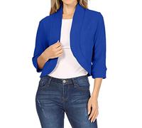 Women's 3/4 Sleeve Open Front Collarless Short Jacket, Crop Jacket Fashion Casual Solid Colour Three Quarter Sleeve Cardigan Short Small Coat, blue, M