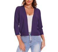 Women's 3/4 Sleeve Open Front Cropped Cardigan Solid Shrugs Lightweight Knit Sweater, Dark Purple, XXL