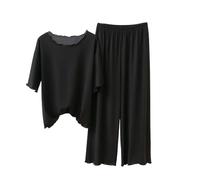 Women's 3/4 Sleeve Pajama Set, Loose Fit Top with Wide Leg Cropped Pants, Elegant Modal Sleepwear for Home and Lounge Black