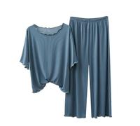 Women's 3/4 Sleeve Pajama Set, Loose Fit Top with Wide Leg Cropped Pants, Elegant Modal Sleepwear for Home and Lounge Blue