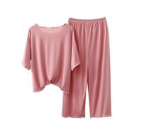 Women's 3/4 Sleeve Pajama Set, Loose Fit Top with Wide Leg Cropped Pants, Elegant Modal Sleepwear for Home and Lounge Pink