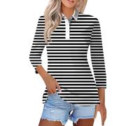 Womens 3/4 Sleeve Polo Shirts Classic Striped Button Up Collared Business Casual Golf Tennis Tops Fitted Dressy Office Work Tees(Black, XXL) Nachthemd Lang