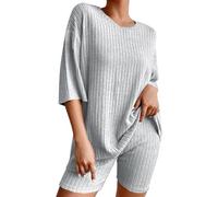 Women's 3/4 Sleeve Set, Sleepwear Women's Set, Cotton Leisure Suit, Lightweight Pyjama Set, Casual Sleep Shirt, Soft Loungewear, Scoop Neck Sleep Shirt, Elegant Night Dress, Leisure Suit, gray, XL